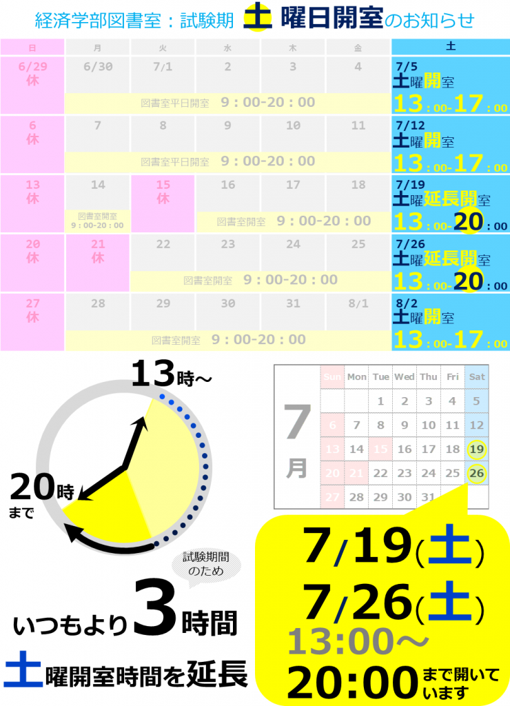 経済学部図書室 試験期 土曜日開室のお知らせ