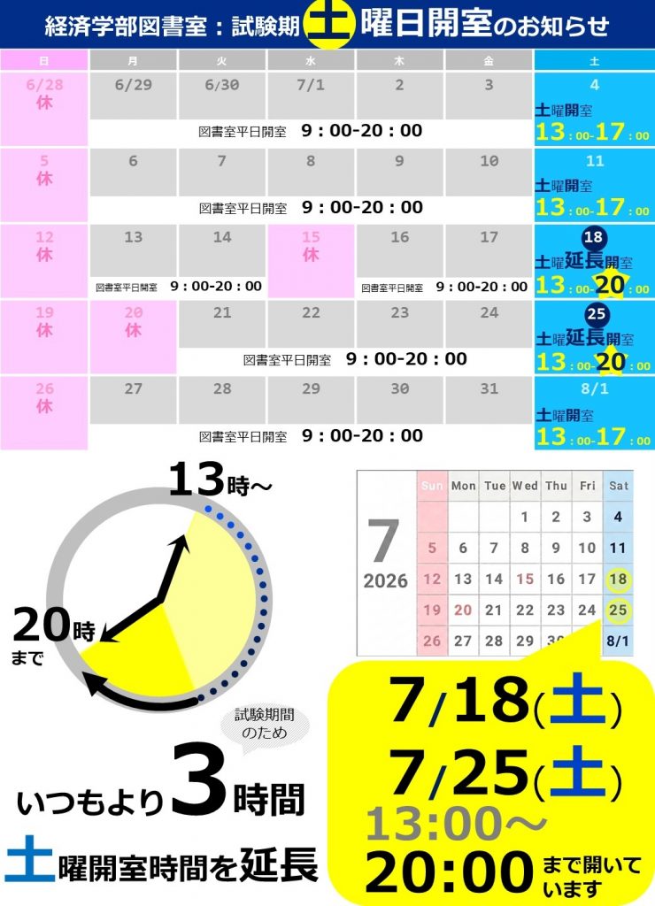 経済学部図書室 試験期 土曜日開室のお知らせ