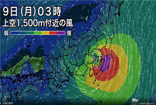 図-1　千葉県の1500ｍ上空は最強風速（紫）