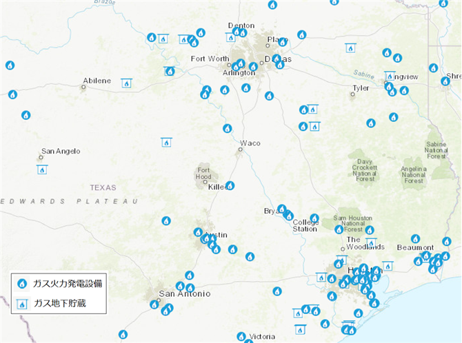 図５ テキサス州主要部のガス火力発電設備と地下ガス貯蔵