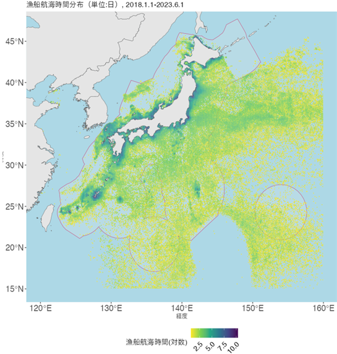 図２．2018年1月1日 - 2023年6月1日の0.1度メッシュごとの累積推定漁船航海時間の分布