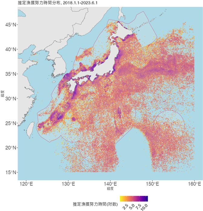 図３．2018年1月1日 -2023年6月1日の0.1度メッシュごとの累推定漁獲努力時間の分布