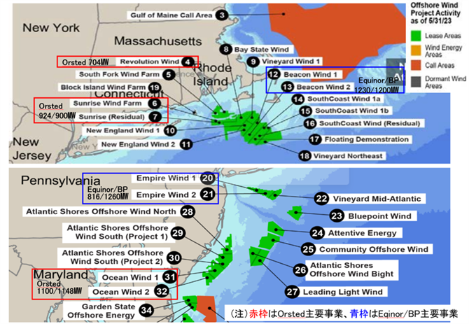 図２．米国東岸の洋上事業と条件見直し候補（Orsted、Eqinor/BP）